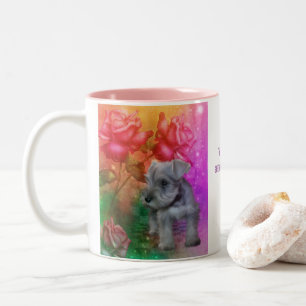 Schnauzer Puppy Fantasy Roses Dog Personalized Two-Tone Coffee Mug