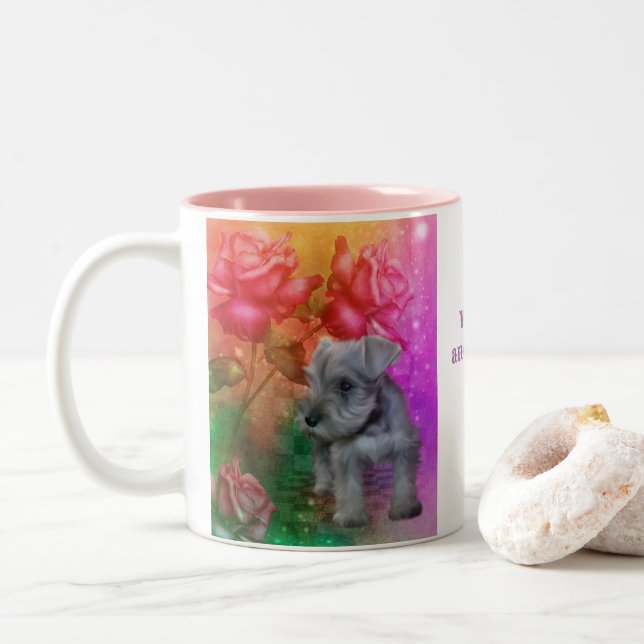 Schnauzer Puppy Fantasy Roses Dog Personalized Two-Tone Coffee Mug (With Donut)