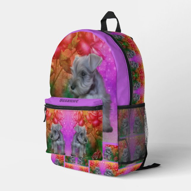 Schnauzer Puppy Roses Dog Personalized Printed Backpack (Back Corner Right)