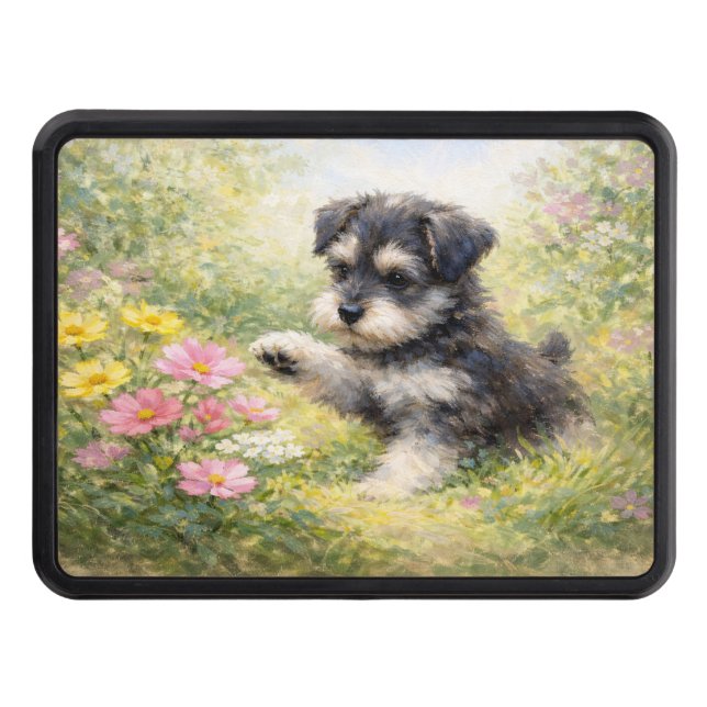 Schnauzer Puppy Springtime Flowers Hitch Cover (Front)