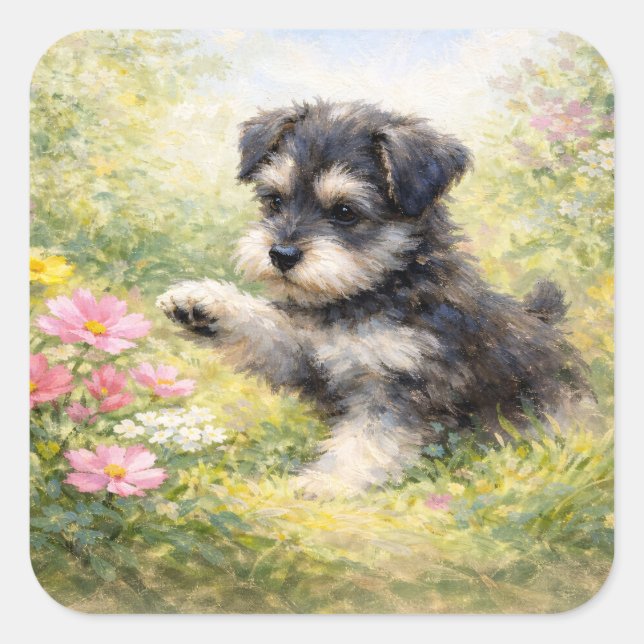 Schnauzer Puppy Springtime Flowers Square Sticker (Front)