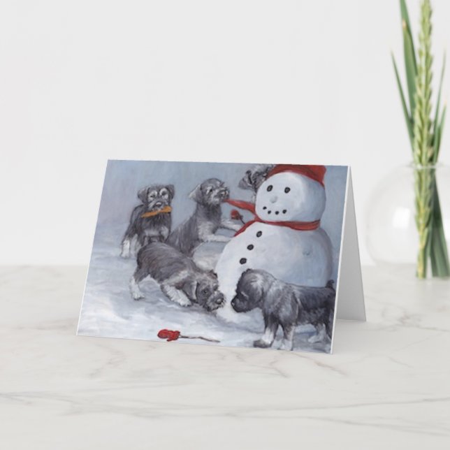 Schnauzer Pups and Snowman Dog Art Christmas Card (Front)