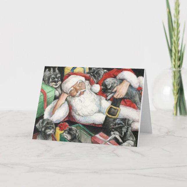 Schnauzer Pups Take over Santa Dog Christmas Card (Front)