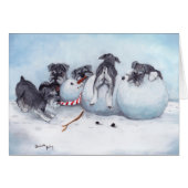 Schnauzer Pups with Snowman Dog Art Greeting Card (Front Horizontal)