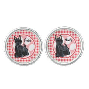 Schnauzer; Red and White Gingham Cufflinks
