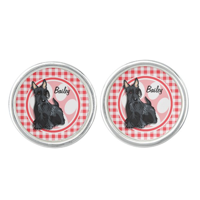 Schnauzer; Red and White Gingham Cufflinks (Front)