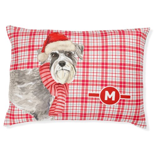 Schnauzer Red and White Plaid Monogrammed Dog Pet Bed