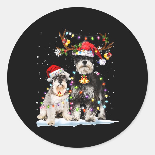 Schnauzer Reindeer Santa Hat Xmas Lights Christmas Classic Round Sticker (Front)