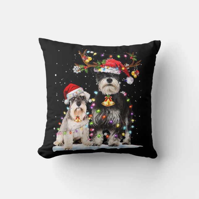 Schnauzer Reindeer Santa Hat Xmas Lights Christmas Throw Pillow (Front)