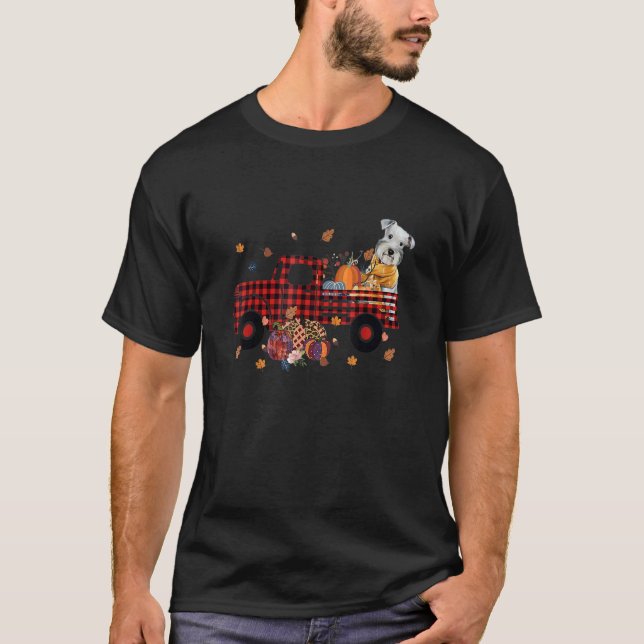 Schnauzer Riding Truck Pumpkin Autumn Leaves Fall T-Shirt (Front)
