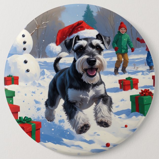 Schnauzer Running in Snow with Christmas Hat Button (Front)