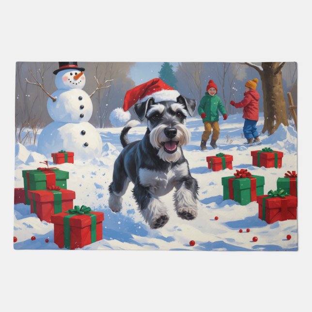 Schnauzer Running in Snow with Christmas Hat Doormat (Front)