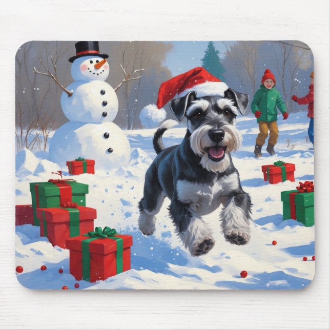 Schnauzer Running in Snow with Christmas Hat Mouse Pad (Front)