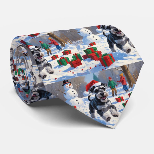 Schnauzer Running in Snow with Christmas Hat Neck Tie (Rolled)