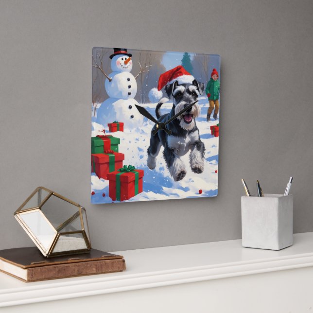 Schnauzer Running in Snow with Christmas Hat Square Wall Clock (Office)