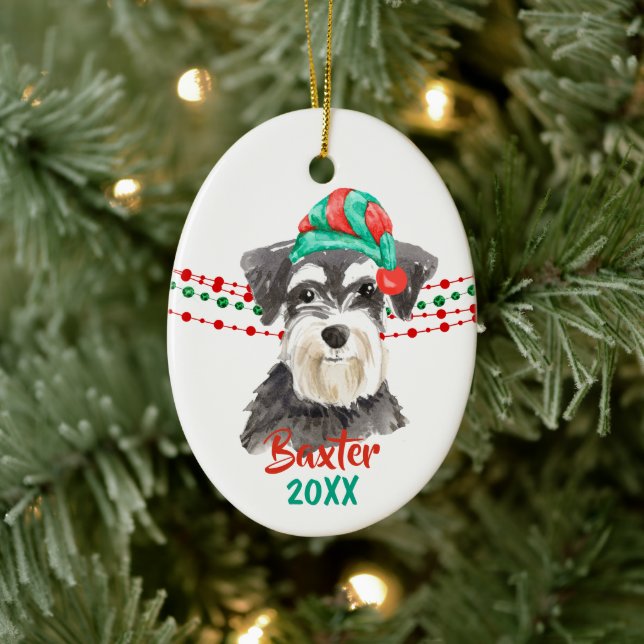 Schnauzer Santa Hat Holiday String Beads Ceramic Ornament (Tree)