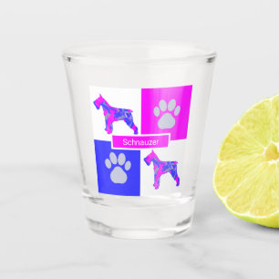 Schnauzer Silhouette Dog & Paw Pink Blue Square Shot Glass