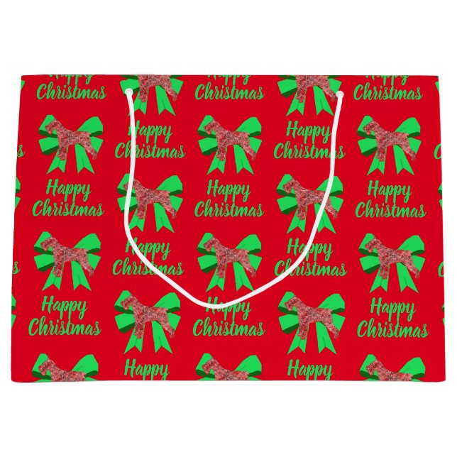 Schnauzer Silhouette Red Christmas Dog & Green Bow Large Gift Bag (Front)