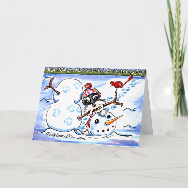 Schnauzer Snowman Art Christmas Holiday Card (Front)
