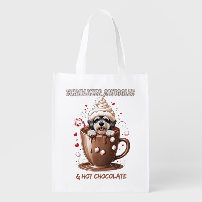 Schnauzer Snuggles & Hot Chocolate Grocery Bag (Front)