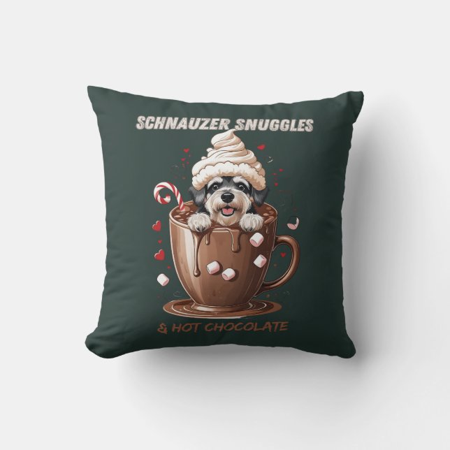 Schnauzer Snuggles & Hot Chocolate Throw Pillow (Front)