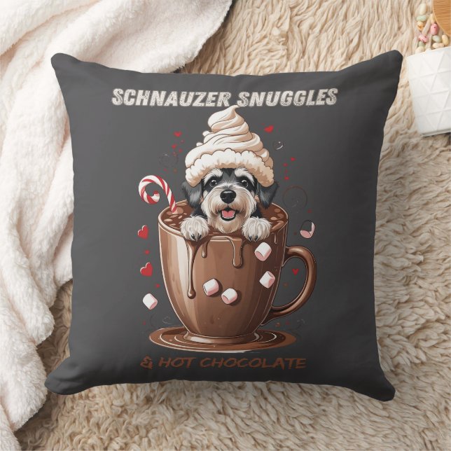 Schnauzer Snuggles & Hot Chocolate Throw Pillow (Blanket)