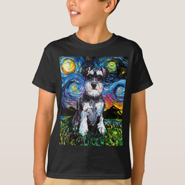 Schnauzer Starry Night Impressionist Dog Art by Aj T-Shirt (Front)