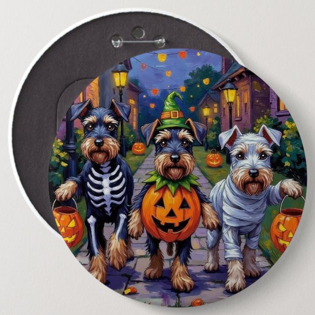 Schnauzer Trick-or-Treating in Halloween Costumes Button (Front & Back)