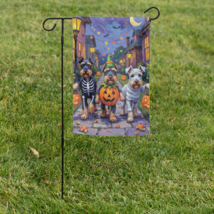 Schnauzer Trick-or-Treating in Halloween Costumes Garden Flag