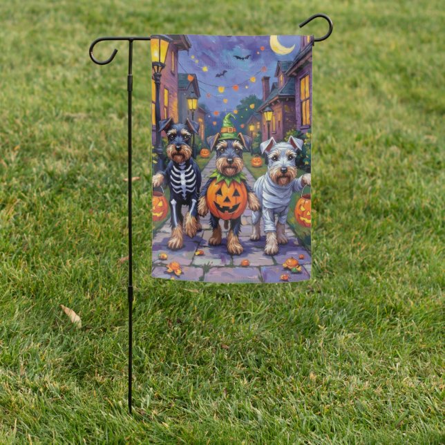 Schnauzer Trick-or-Treating in Halloween Costumes Garden Flag (In SItu)