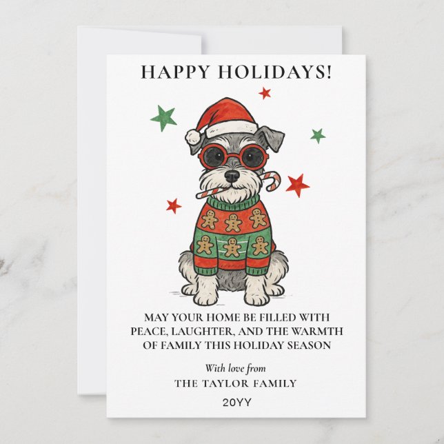 Schnauzer Ugly Sweater Christmas Dog Candy Cane Holiday Card (Front)