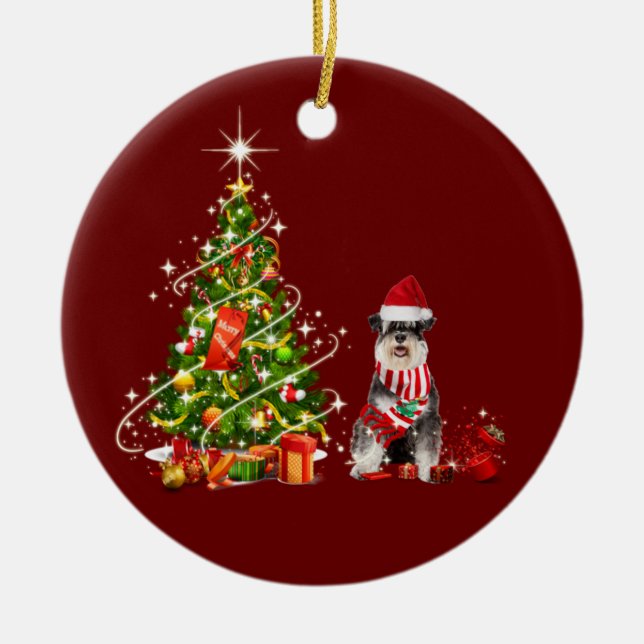 schnauzer With Hat Scaft Christmas Ceramic Ornament (Front)