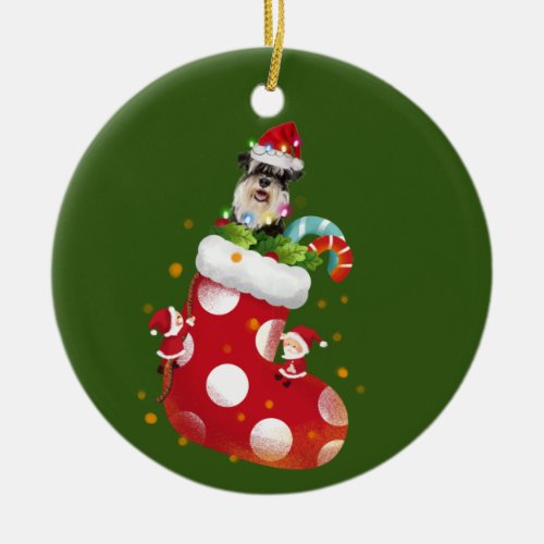 Schnauzer  With Hat Sock Christmas Ceramic Ornament