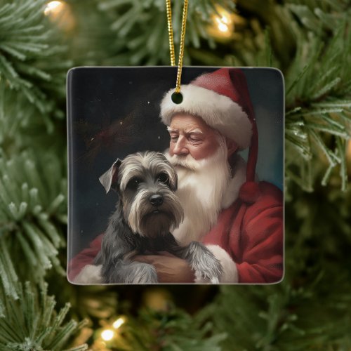 Schnauzer With Santa Claus Festive Christmas Ceramic Ornament