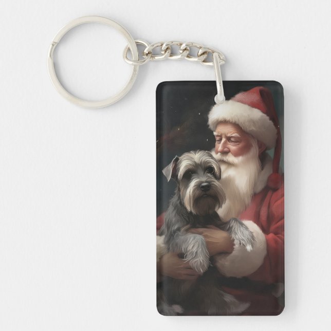 Schnauzer With Santa Claus Festive Christmas Keychain (Front)