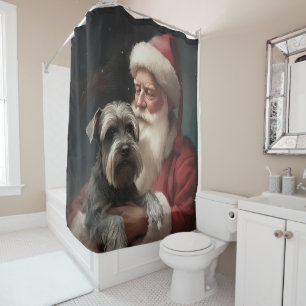 Schnauzer With Santa Claus Festive Christmas Shower Curtain