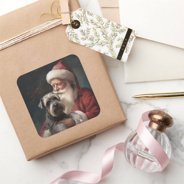 Schnauzer With Santa Claus Festive Christmas Square Sticker (Gifting)