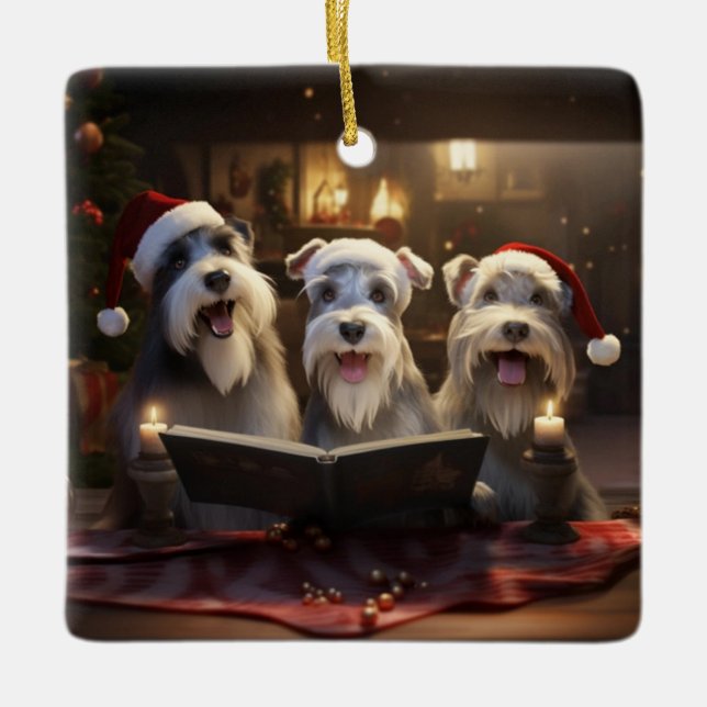 Schnauzers Christmas Caroling Festive Holiday Ceramic Ornament (Front)