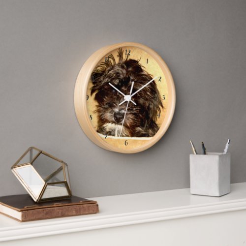 Schnoodle Dog Round Wall Clock With Wood Frame