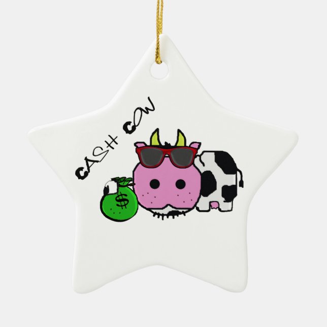 Schnozzle Cow Cash Cow Cartoon w/Money Bag Ceramic Ornament (Front)