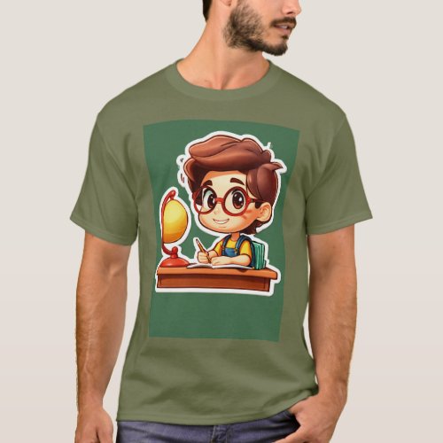 Scholarly Savvy Cartoon 3D Boy Studying T_Shirt