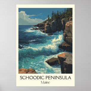 Schoodic Peninsula ME Vintage Coastal Waves Art Poster