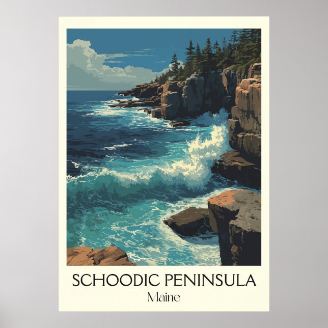 Schoodic Peninsula ME Vintage Coastal Waves Art Poster (Front)
