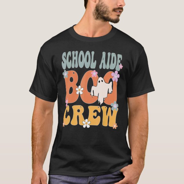 School Aide Boo Crew Ghost Retro Groovy Halloween  T-Shirt (Front)