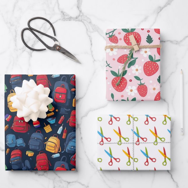 School Backpack Strawberry Scissors Wrapping Paper Sheets (Front)
