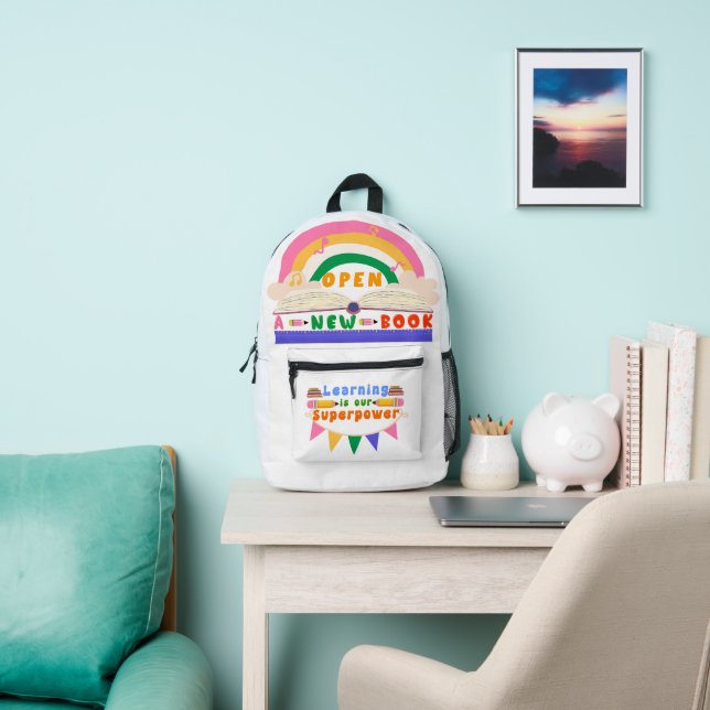 School Backpack with Rainbow and Open Bool Design (Insitu)