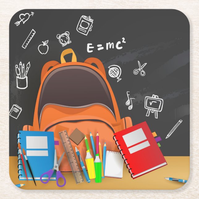 School Bag, Pencils, Ruler, Books & Scissors Square Paper Coaster (Front)