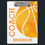 School Basketball Coach Personalized Retro Trendy Clipboard<br><div class="desc">School Basketball Coach Personalized Retro Trendy Clipboard. Personalize this clipboard with your favorite basketball coach's name on both front and back. This watercolor style basketball is a vintage rugged design perfect for school basketball coaches. Design on both sides, text is in bold orange font easy to read against a white...</div>