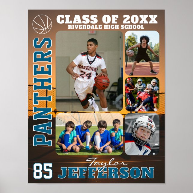 School Basketball Team Custom Name Photo Collage Poster (Front)