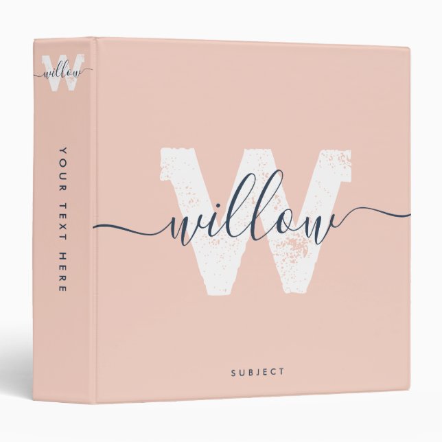 School Blush Pink Script Typography Monogram 3 Ring Binder (Front/Spine)